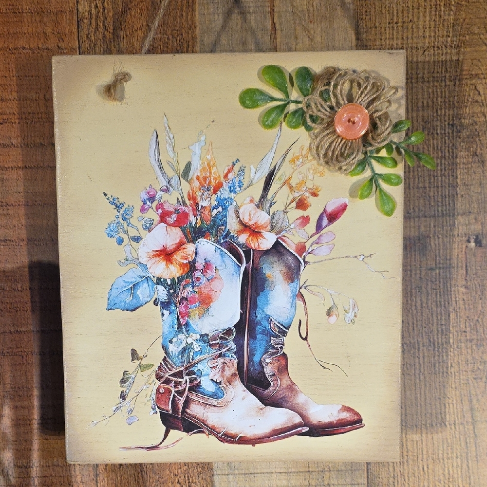 Floral Cowboy Boots Wall Art EUC